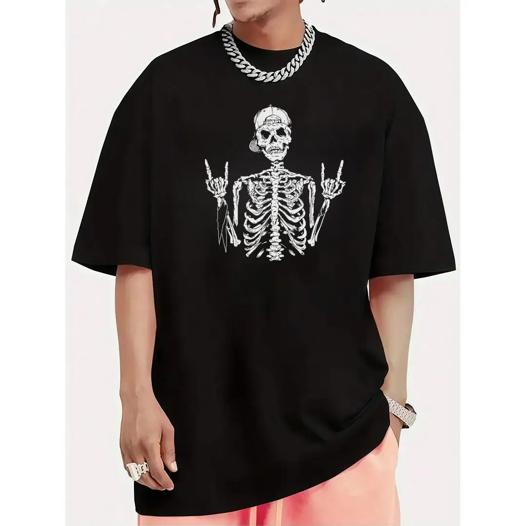 

Men Oversized Rock Roll T-Shirt Skeleton Graphic Tee Funny Rocker Cool Skull Print Streetwear Casual Top Music Lover Gift