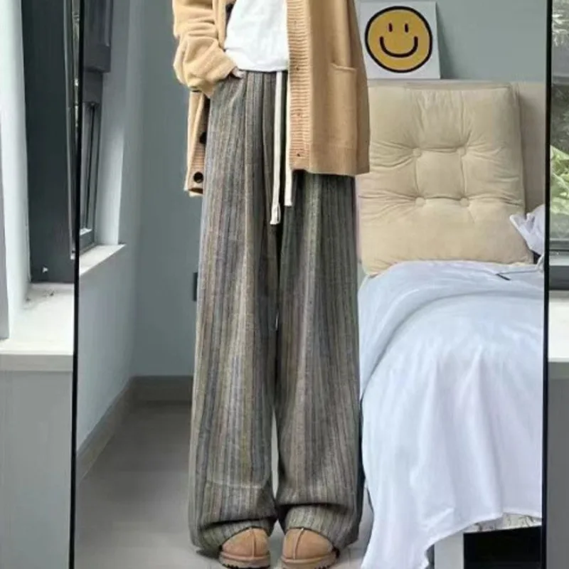 Lazy Melard Vertical Striped Wide-Leg Pants Women Autumn And Winter Fleece-Lined High-Waist Casual Plus Size Draped Pants New