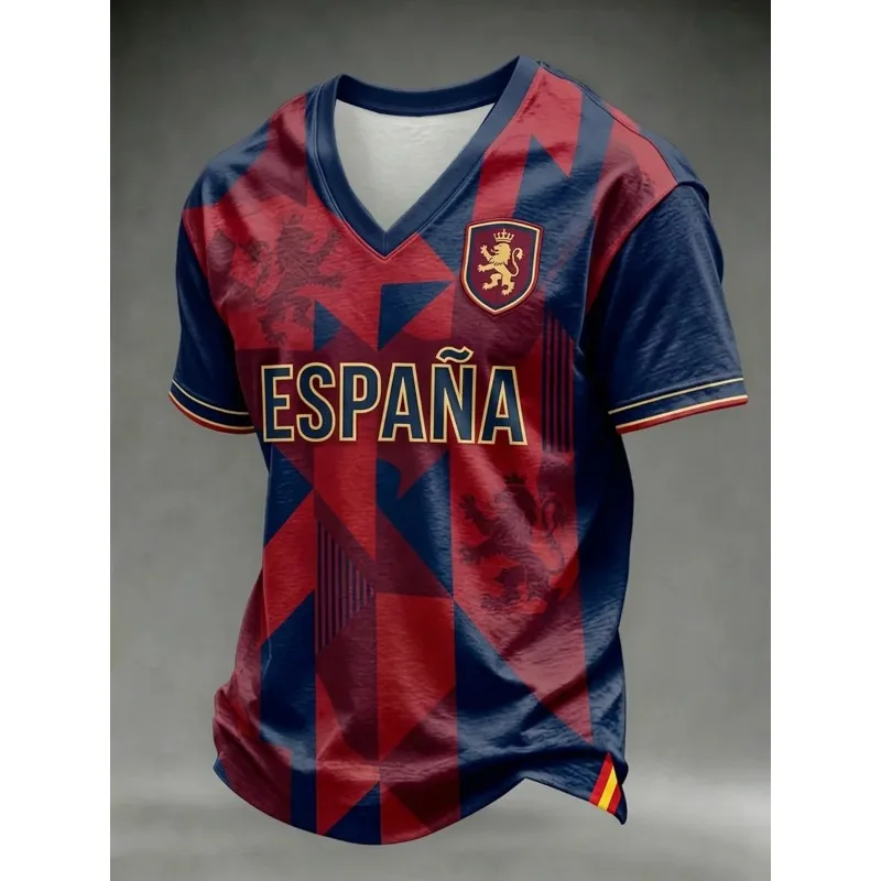 2026 3D Printing Red Athletic Jersey Tee Lion Badge V Neck Short Sleeve Shirt Unisex Regular Fit Sporty Daily Casual Wear Top
