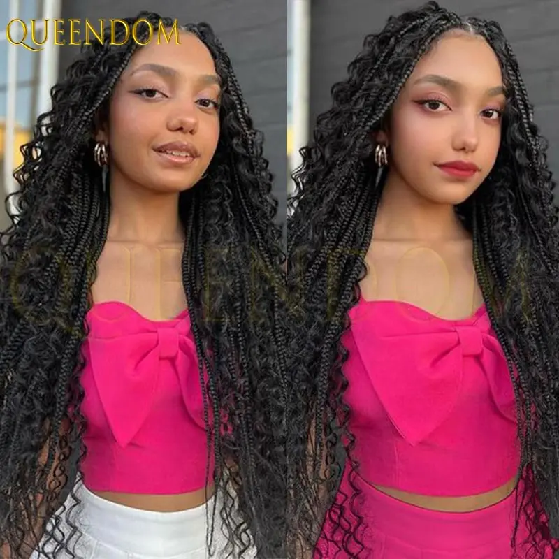 32インチ合成ボヘミアン女神風編み込みウィッグ 黒人女性用 フルレースウィッグ 編み込み アフリカ風ノットレスボックスブレイド ブロンドウィッグ カールウィッグ