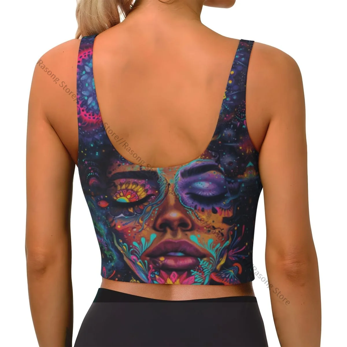 Sutiã esportivo feminino correndo roupas de yoga colete retrato de mulher com maquiagem multicolorida reunindo colete de fitness