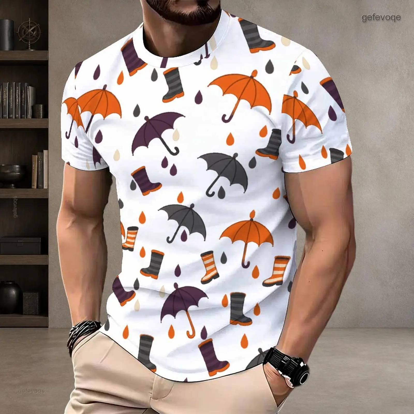 Men All Over Printed Umbrella Rain Boot Raindrop Pattern Round Neck Short Sleeve T-Shirt