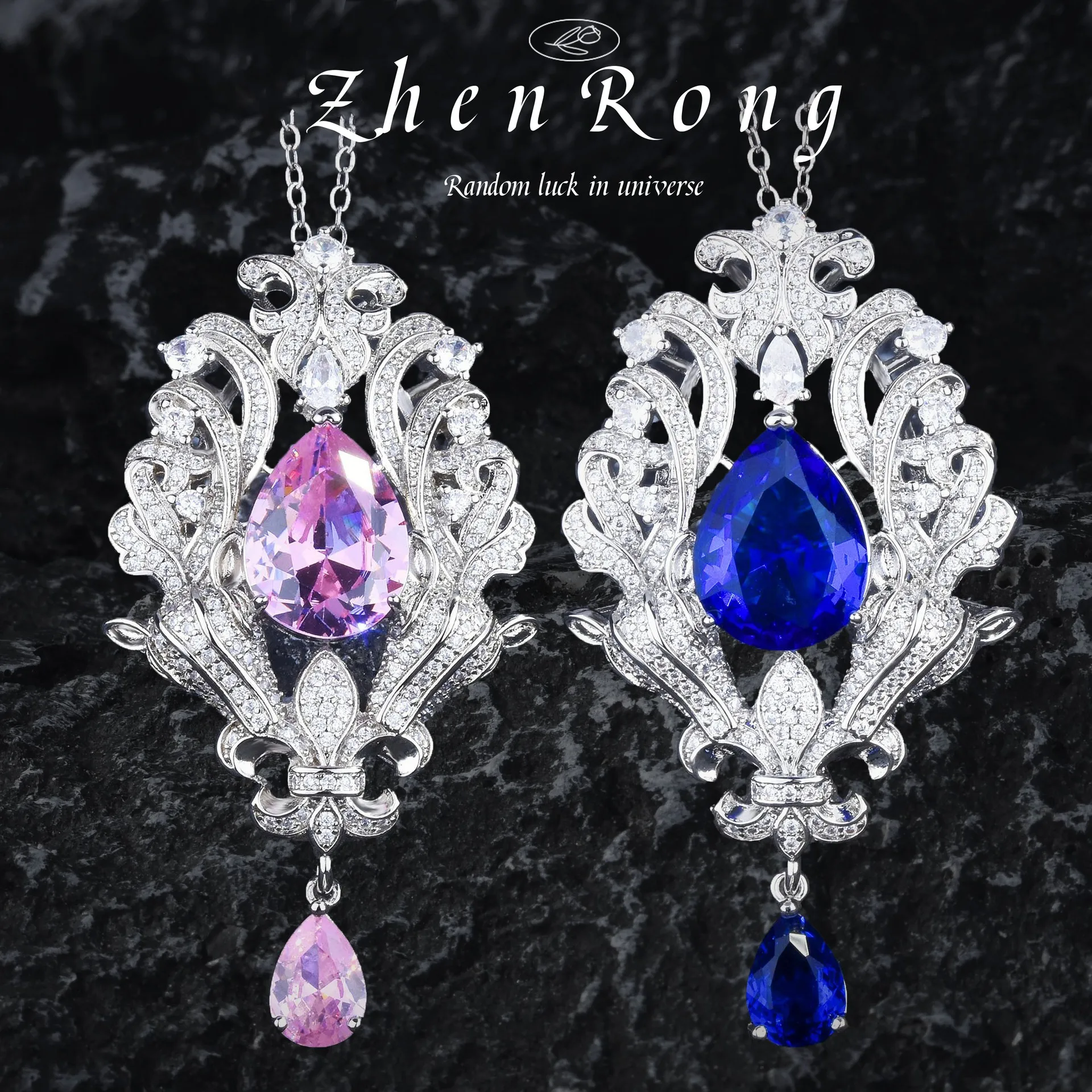 2023 Trendy Blue Pink Water Drop Zircon Pendant Sterling 925 Silver Wedding Necklace for Women Charm White Gold Plated Jewelry