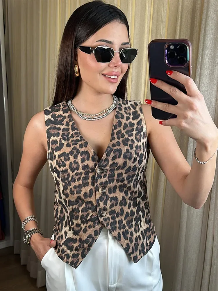 Women Sexy Leopard Print V Neck Sleeveless Vest Fashion Vintage Single Breasted Waistcoat Autumn Female Commuting Streetwear