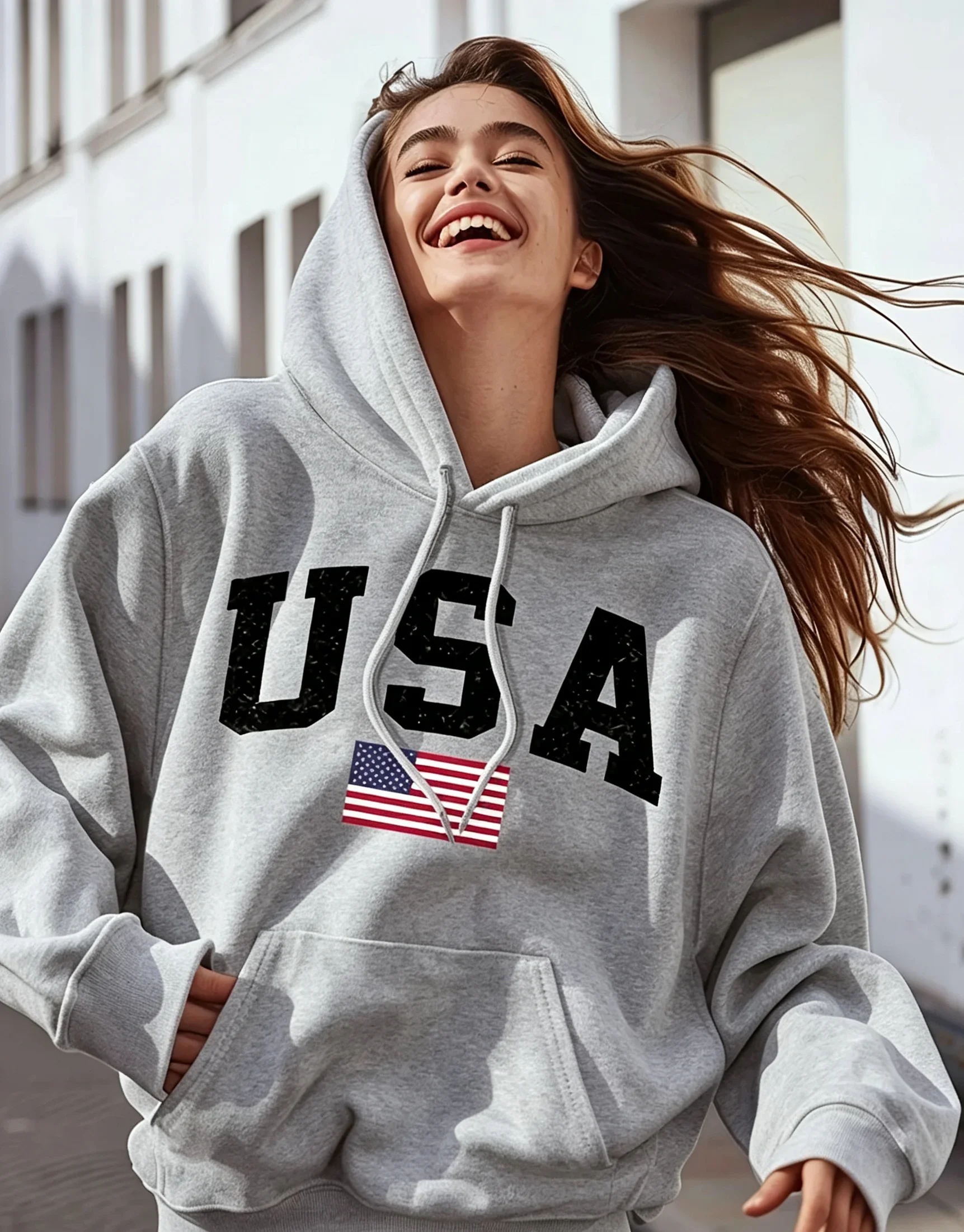Women's USA Flag Print Hoodie Casual Long Sleeve Hooded Pullover for Fall/Winter with Bold Lettering and American Flag Design