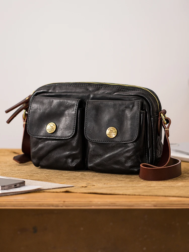 casual handmade vegetable tanned leather men's multi-pocket shoulder bag fashion weekend party genuine leather crossbody bag