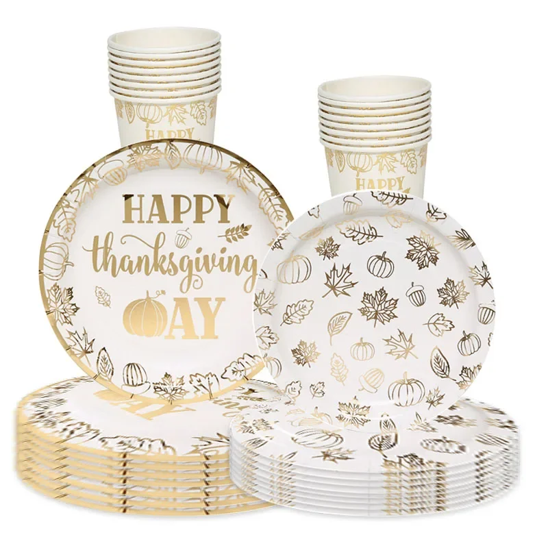 8Guests White Stamping Gold Pumkin Maple Disposable Tableware Thanksgiving Plates Napkins Fall HarvestHappy Thanksgiving Day Dec