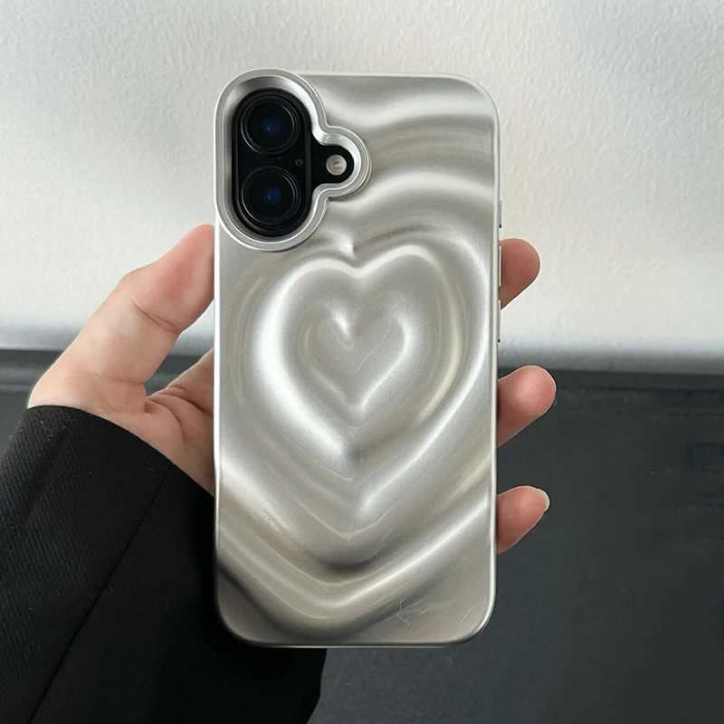 Fashion Silver Wave Shape Love Heart Wrinkles Case For iPhone 16 Pro Max 15 14 13 12 11 Soft Back Cover Shell