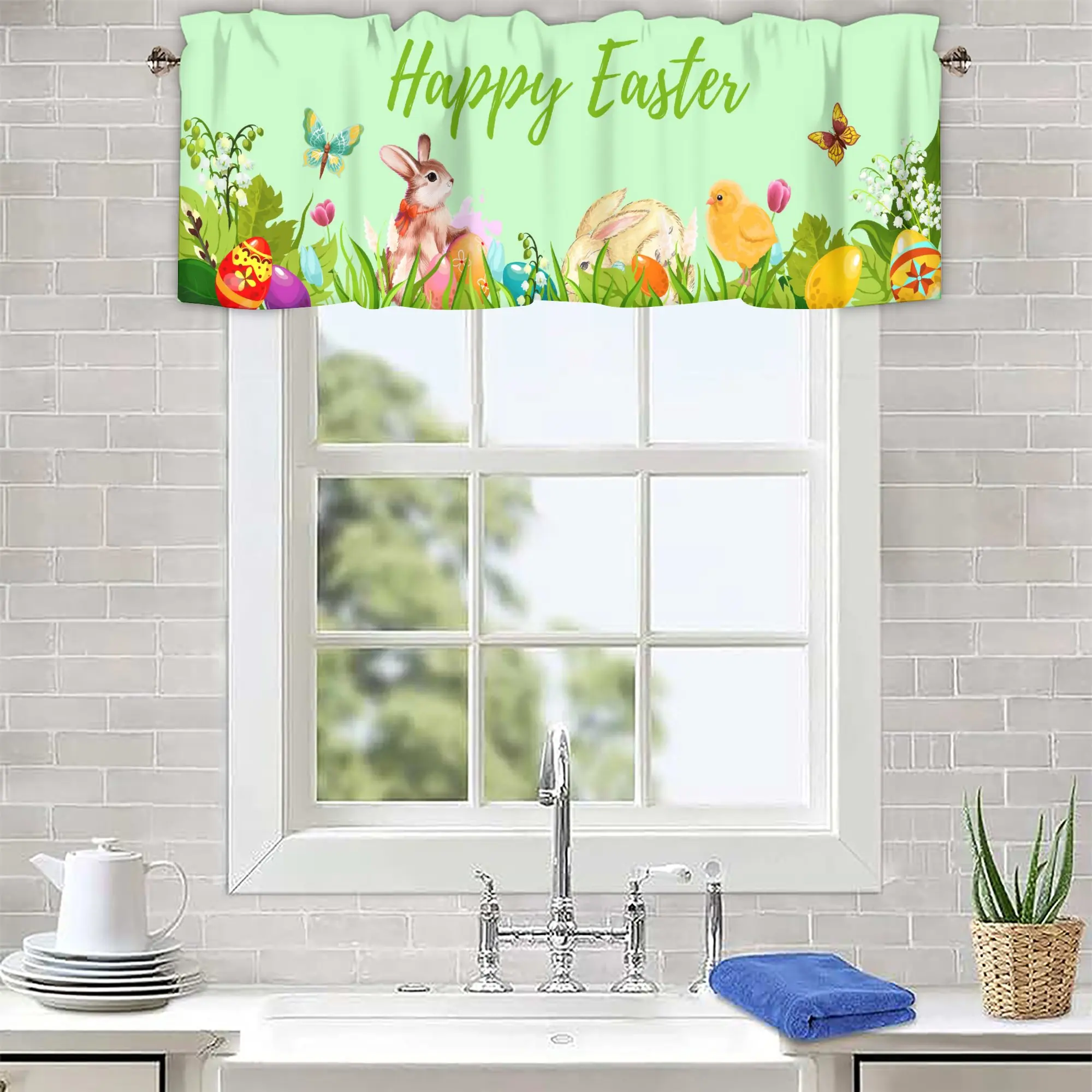 Easter Curtain Valances Rod Pocket Valance Window Rabbit Flower Green Short Curtains for Kitchen Living Room Bedroom Bathroom