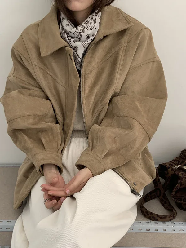 

Свободный женский байкерский джет в стиле ретро с воротником-стойкой, замшевая ткань на молнии, шикарная верхняя одежда Lazy Sle ort для женщин