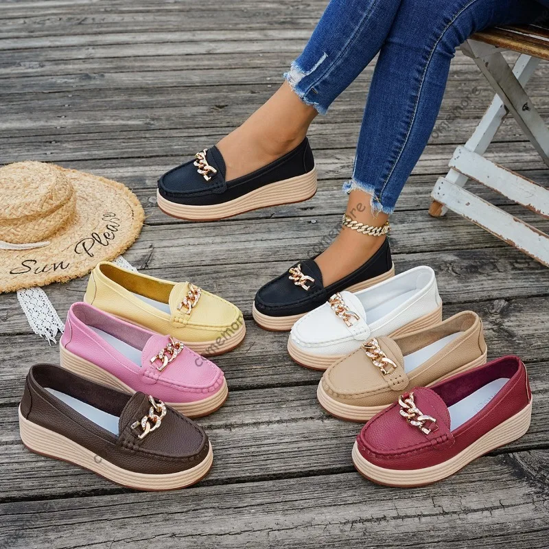 Ladies Metal Chain Loafer Shoes Soft Wedge Platform Moccasins Slip-On Thick Bottom Casual Shoes for Women Лоферы Женские