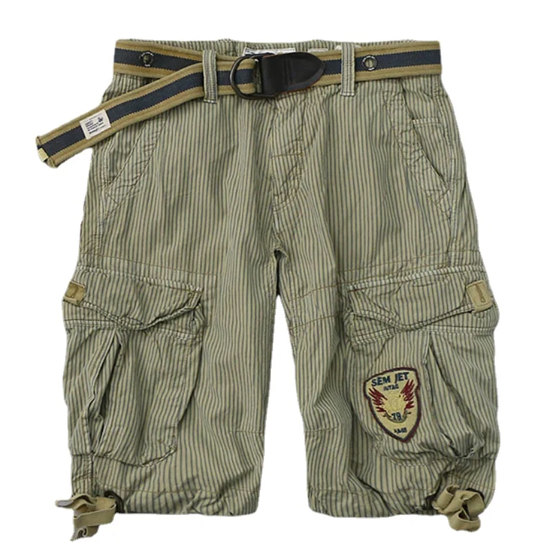 Men's Casual Striped Workwear Shorts Straight Men's Cotton Pants Daily Cargo Shorts ( with Belt ) Denim Shorts