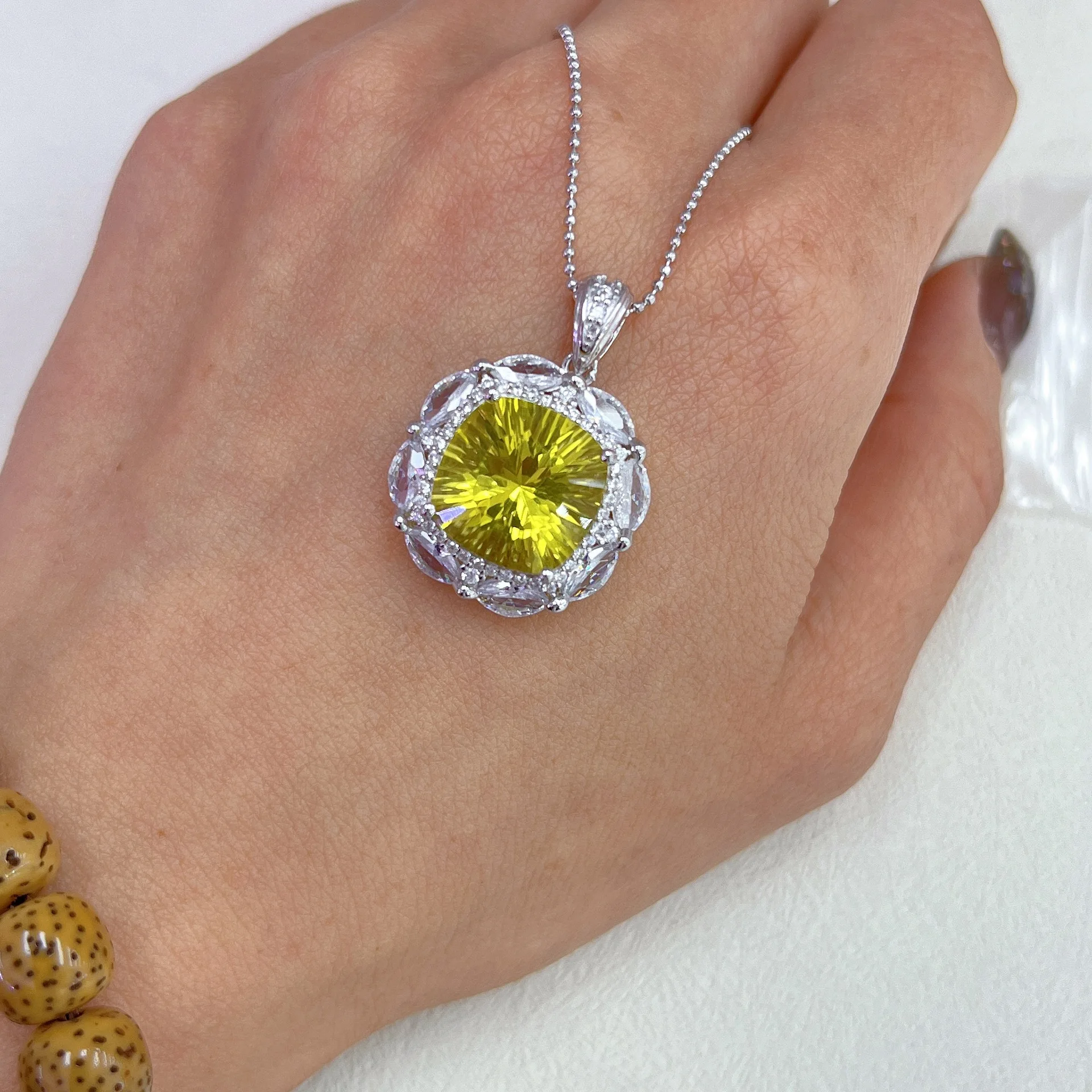 S925 Sterling Silver White Gold Plated Natural Lemon Quartz Pendant,12*12mm Square Gemstone Charm,Chain Not Included