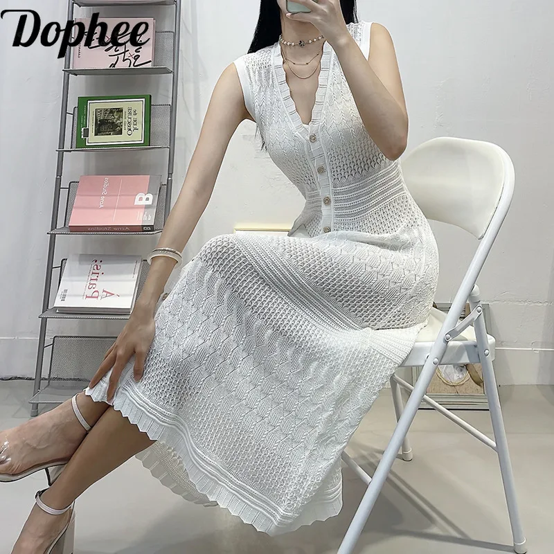 High Quality Fashion Lady Summer White Fairy Dress Elegant Summer Elegant V-neck Single-breasted Mid-long Slim Knitted Dress