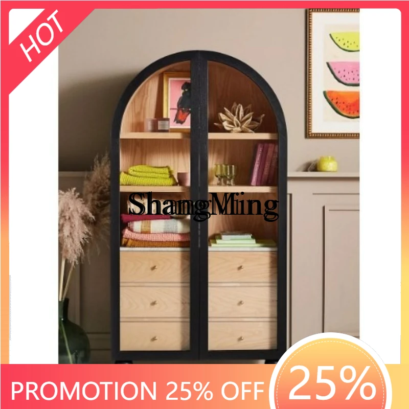 

FG home country arched wine cabinet retro solid wood bookcase glass door double door storage