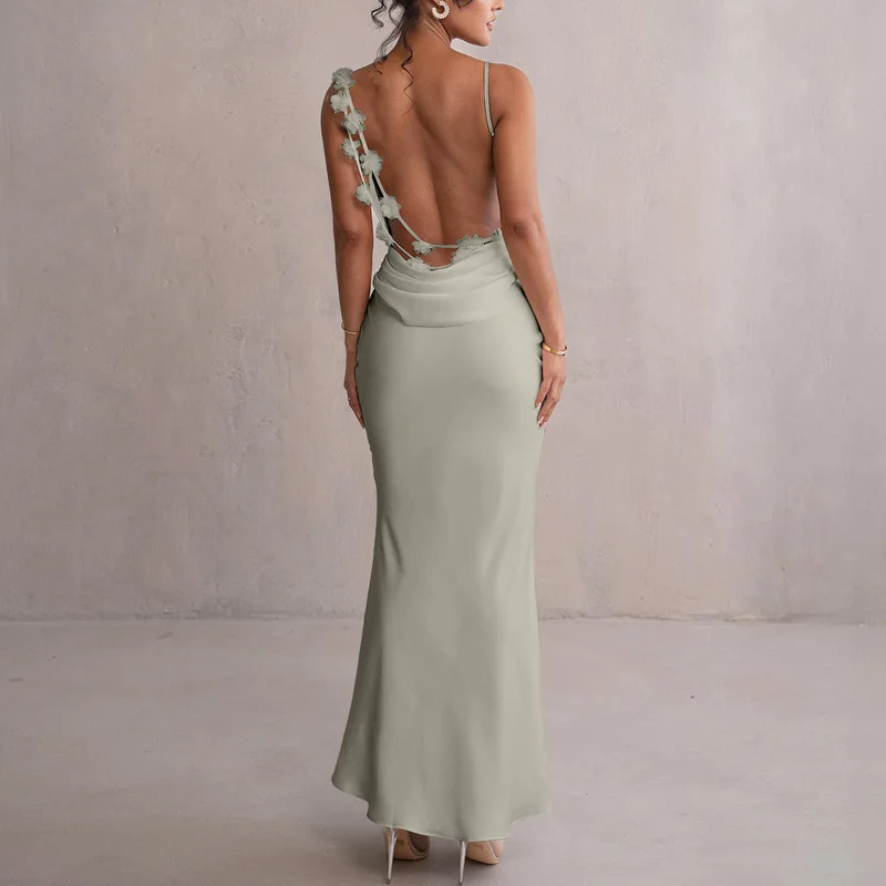 

Floral Draped Backless Maxi Long Dress For Women Fashion Spaghetti Strap Sleeveless Bodycon Evening Party Dress Elegant