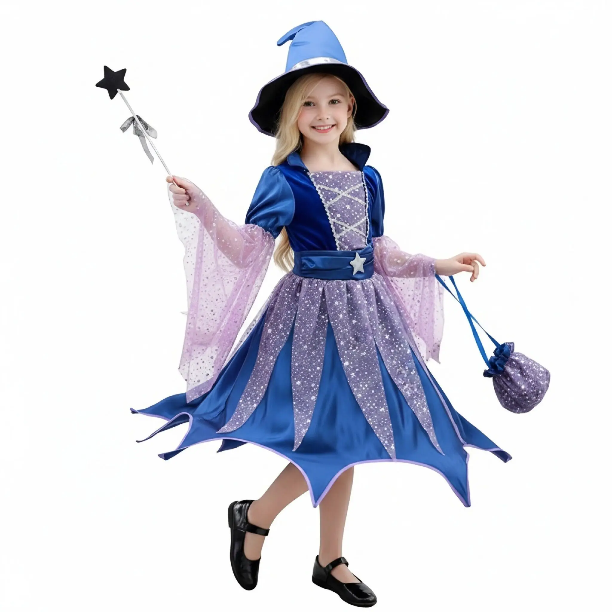 Halloween Cosplay Party Mädchenkostüme Hexenkleid 4-teiliges Set mit Tasche, Hut und Zauberstab Kinder Karnevalskostüm Vestidos Party Cosplay Kleid – Detail 3