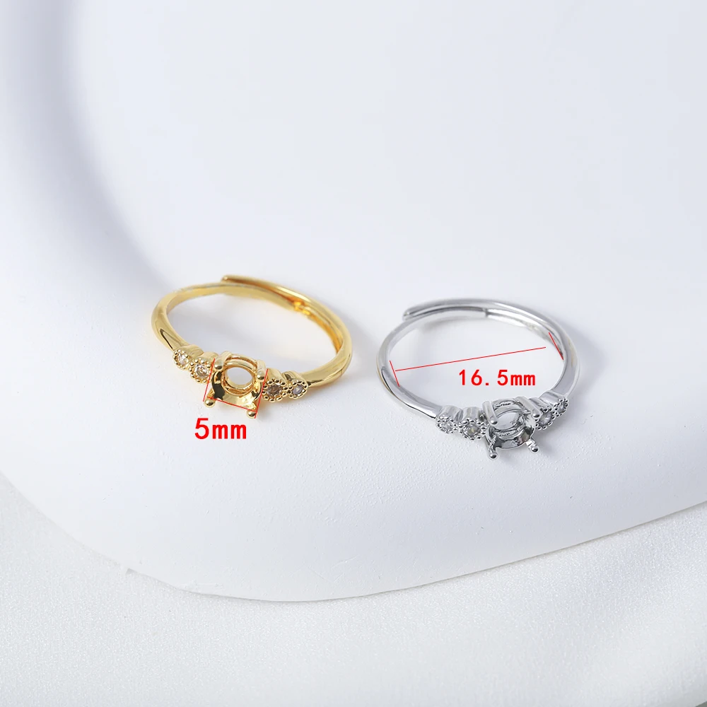 Round Engagement Ring Mounting Blank 5mm Brass Gold Plated Adjustable 4 Claws Prong Ring Settings For Diy Gemstones  Jewelry