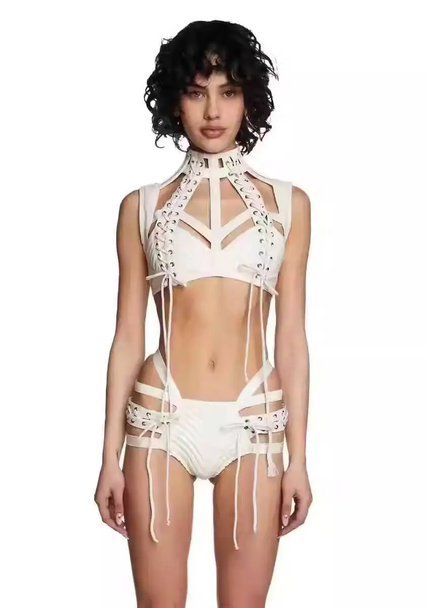 مهرجان الموسيقى الجديد أوروبا وأمريكا هوتي مثير التعادل الاستيقاظ الظلام القوطي ملابس النساء سترة حمالات الصدر الجوف خارج القمم السراويل