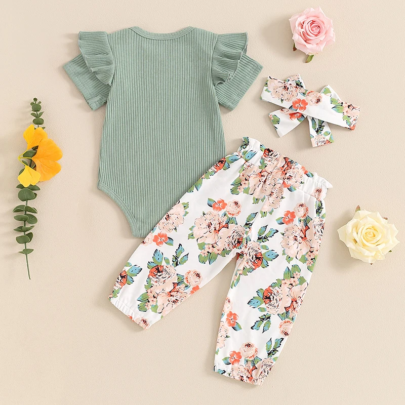 

KMBANGI Newborn Baby Girl Clothes Short Sleeve Ribbed Ruffle Letter Romper Bow knot Floral Pants Headband 3Pcs Set Summer