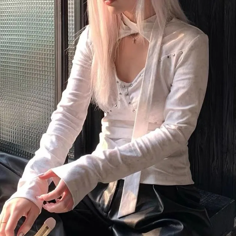 ديبتاون Y2k مثير خمر الجوف خارج المرأة تي شيرت الجمالية الدانتيل يصل برشام طويلة الأكمام الكورية موضة الجرونج تيز سليم جيارو #1