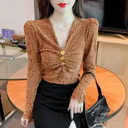 Lace Bottom New Women's 2024 Autumn and Winter Sexy V-neck Fashionable Ruched Button Solid Color Long Sleeved Slim Pullover Tops