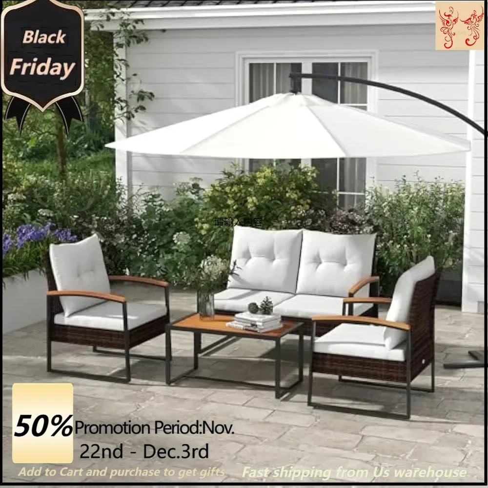 4 Piece Patio Furniture Set with 2 Chairs, Loveseat Sofa, Rattan Pattern, Tufted Cushions, Outdoor Set for Backyard, Lawn & Pool