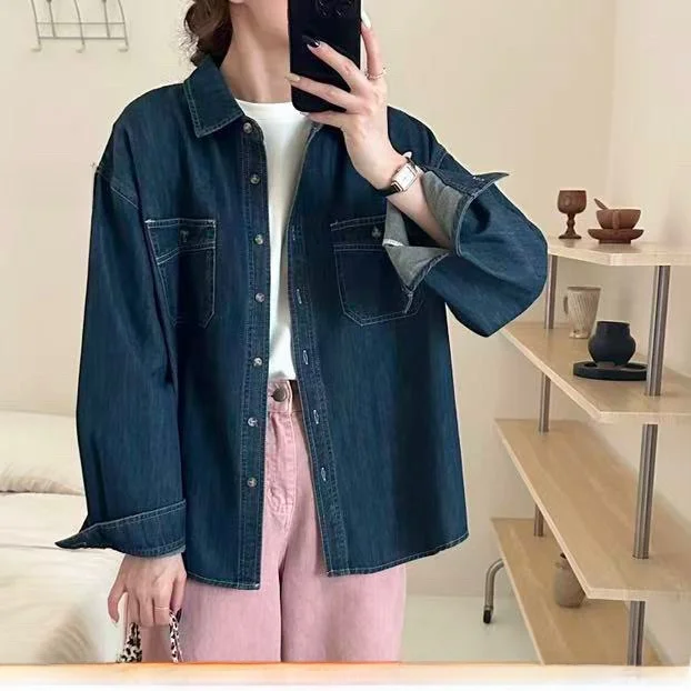

Denim irt Full Design Sensation Right Line Turn-down Collar Long Sve irt Top Breathable Casual Sle Cotton Polye...