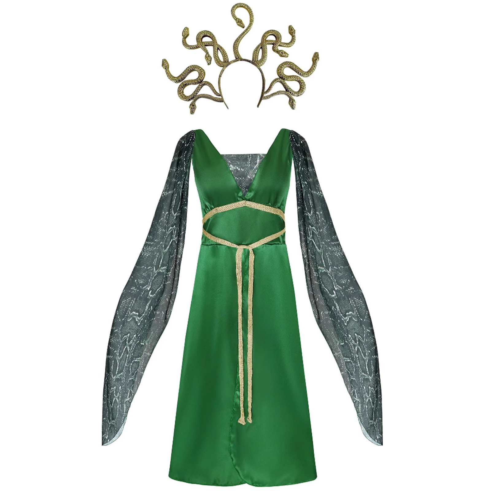 

Greek Gorgon Cosplay Costume Snake Patterned Dress With Golden Headpiece Kids Stage Performance Costume Halloween Party Dresses