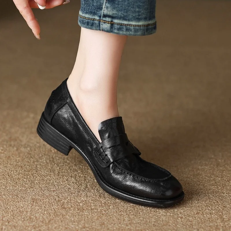 

Real Leather Cowhide Women Flat Shoes Square Toe Woman Shoes Spring Loafers Lazy Slip-On Vintage Loafers Lady Casual Walk Shoes