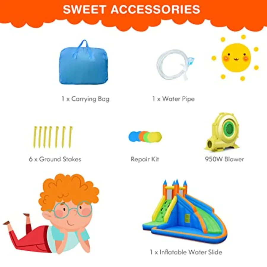 インフレータブルウォータースライド巨大バウンスウォータースライドパーク、裏庭での屋外遊びに最適、950Wブロワー付き、クライミングスプラッシュプール、2ピースブルー