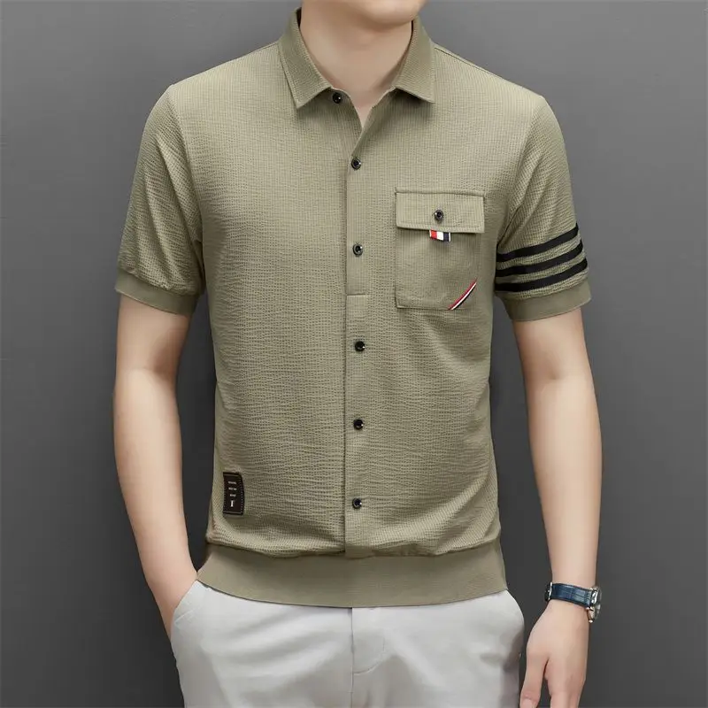 Summer Fashion Men Slim Striped Short Sleeve T-Shirt Lapel Button Cardigan Pockets Male Clothes Streetwear Casual Versatile Tops