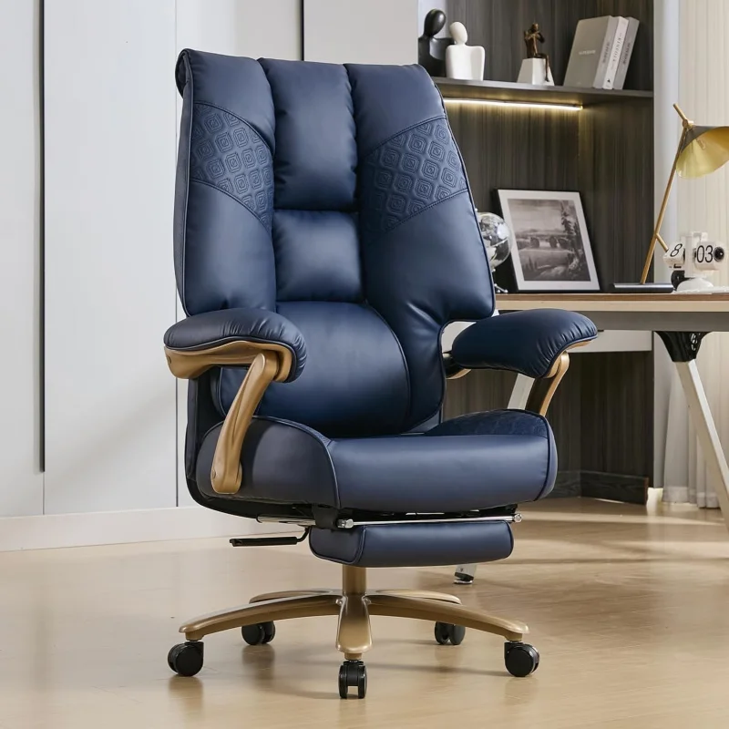 

400LBS Big and Tall Blue PU Leather Office Chair, High Back Executive Desk Chair with Footrest, Lumbar Support, Padded Armrests