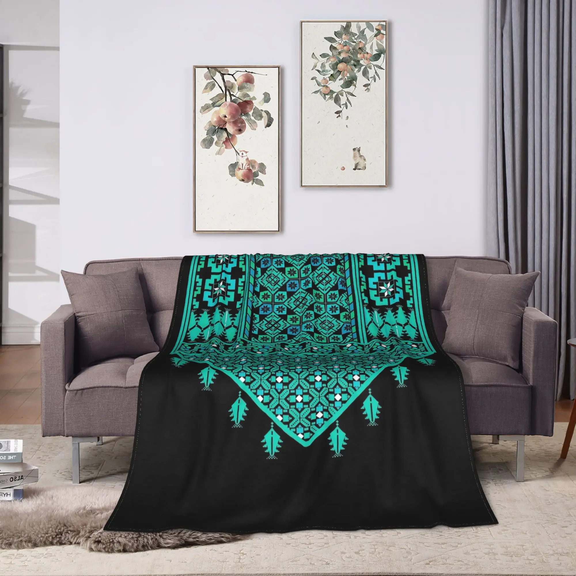 Palestinian Embroidery Tatreez Cross Design Blankets Picnic Flannel Throw Blanket For Living Room Warm Soft Bedspread Gift Idea