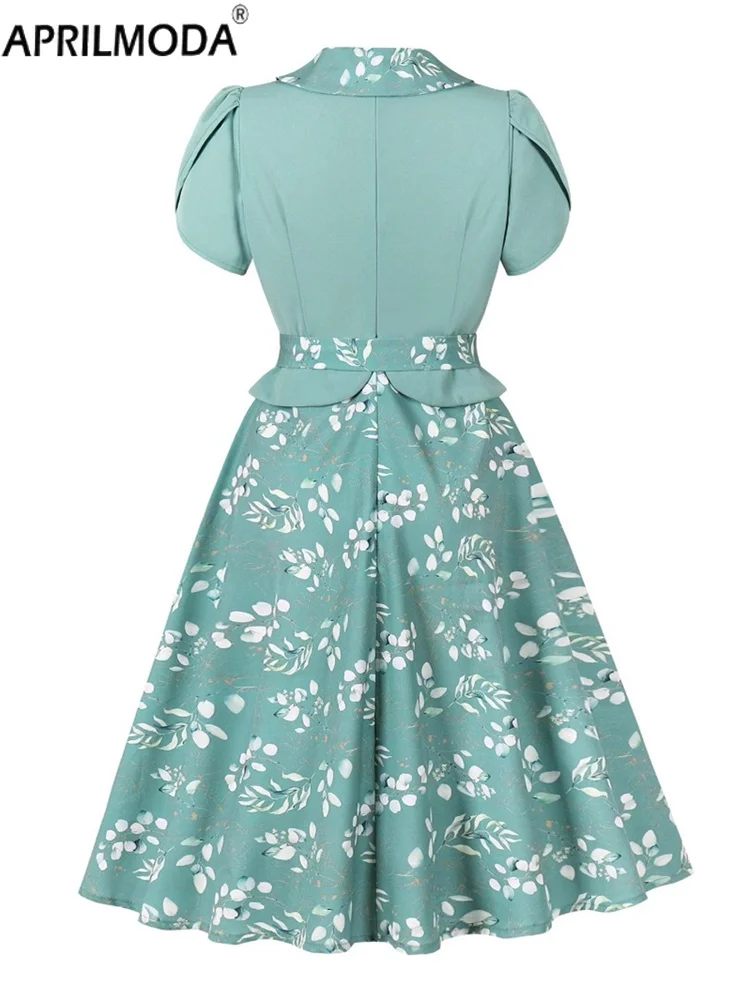 2025 Élégant Patchwork Swing Flare Robe d'été décontractée avec ceinture Col rabattu Pinup Rétro Court Cocktail Robes de bal Années 1950