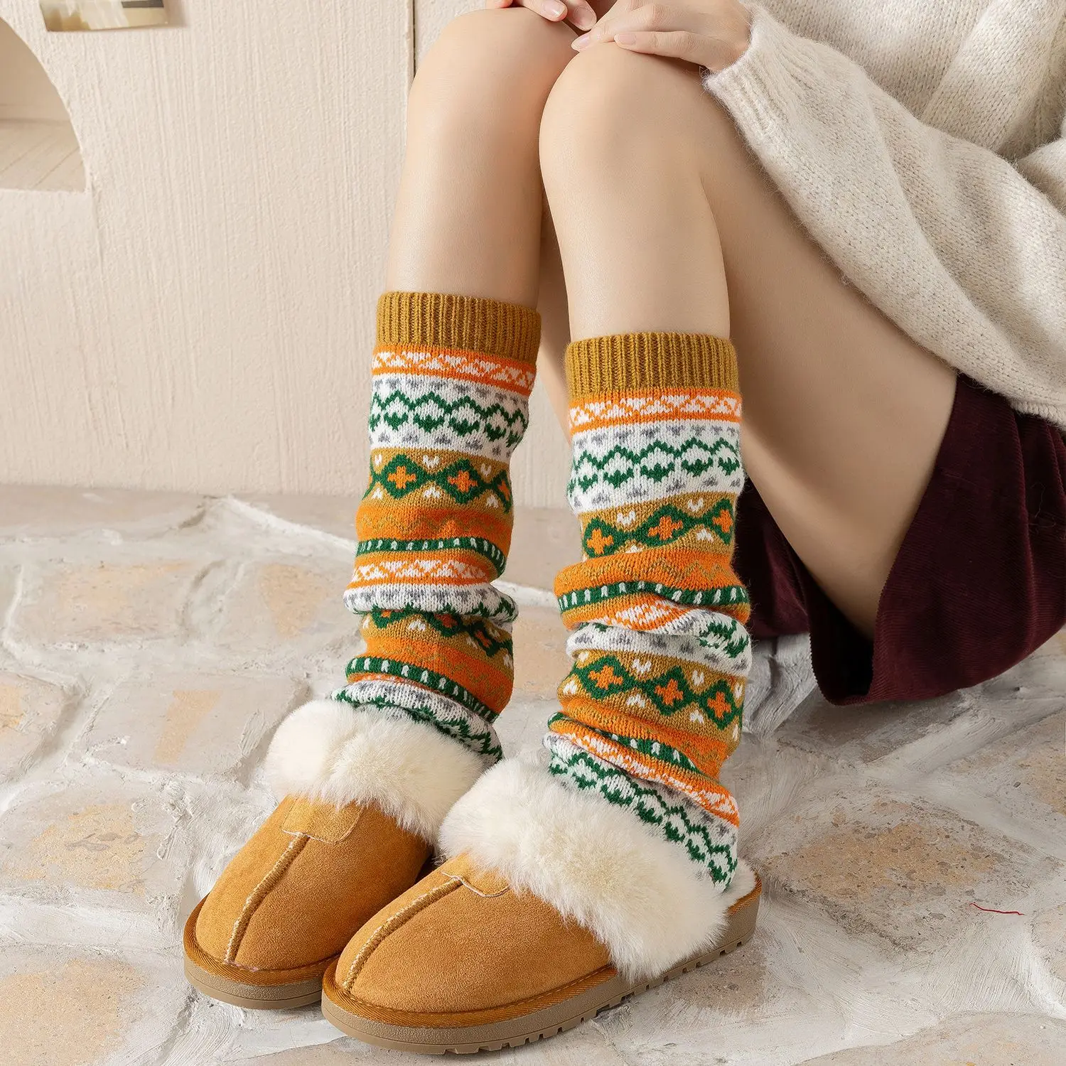Christmas Red Leg Warmers Boho Knitted Boot Socks Yoga Ballet Dance Vintage Academic Style Thick Stacked Crew Socks Women Gift​