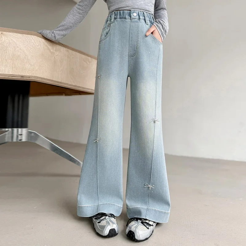 Girls Jeans Spring and Autumn New Big Girl Fashionable Slim Fit Jeans Flare Pants High Waist Children\'s Trousers