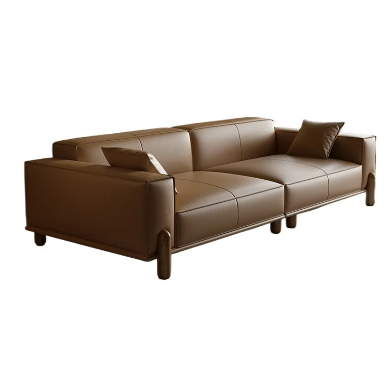 Italian light luxury simple tofu block big black cow real cowhide sofa straight row living room size apartment