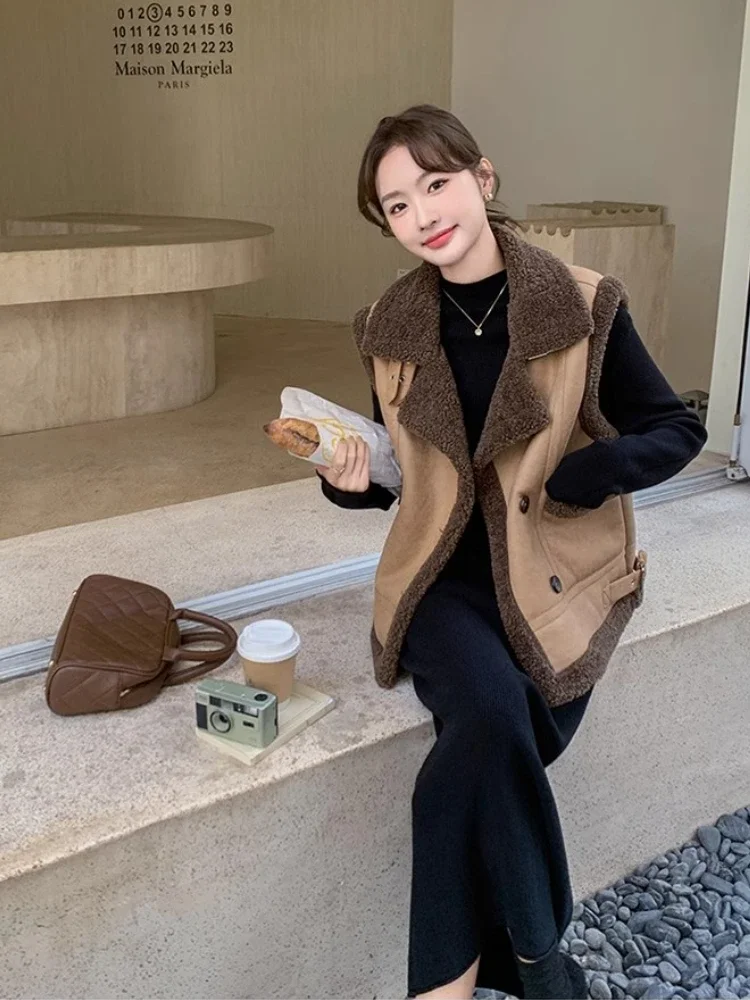 Maillard Brown Fur One Lambswool Vest Coat Women's Winter New Short Fashionable Elegant Thickened Coat Cotton Coat  Vests
