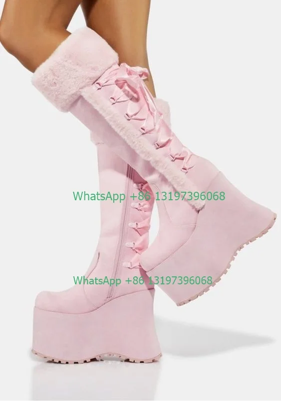 Lady Pink Fur Wedge Mary Jane Boots Summer Winter Fall Dress Boots Platform Lace-up Stain Boots Wedge Boots Footwear Size 46