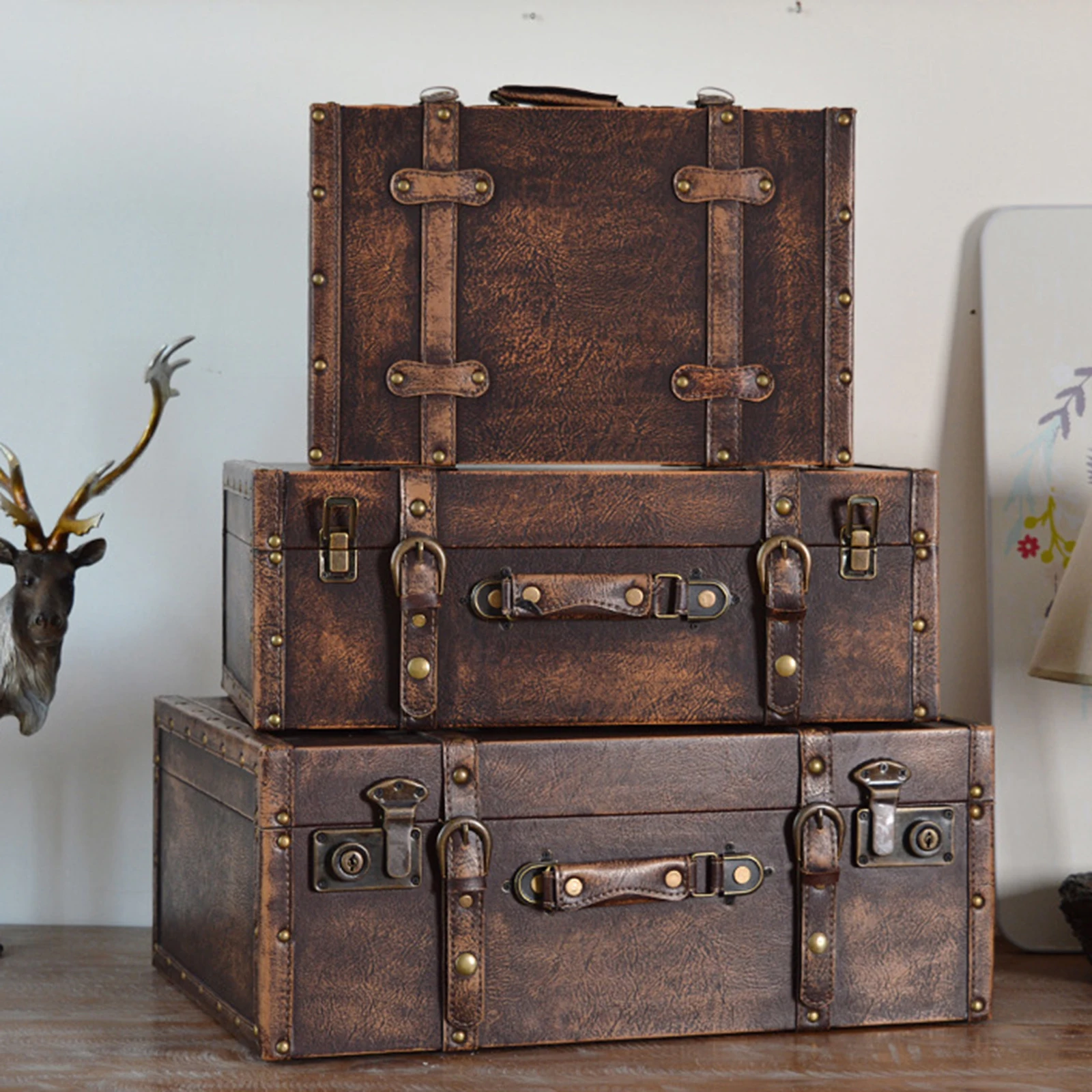 Vintage Wood Leatner Suitcase Antique Style Travel Storage Box with Lock with Strap Jewelry Box Organizer