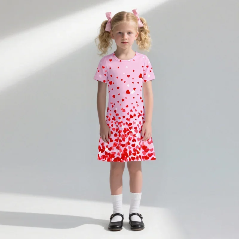

Girls Gradient Casual Dress Sweet Heart Short Sleeve Fashion Trend 2026 Sweet Style Loving Dress for Kids