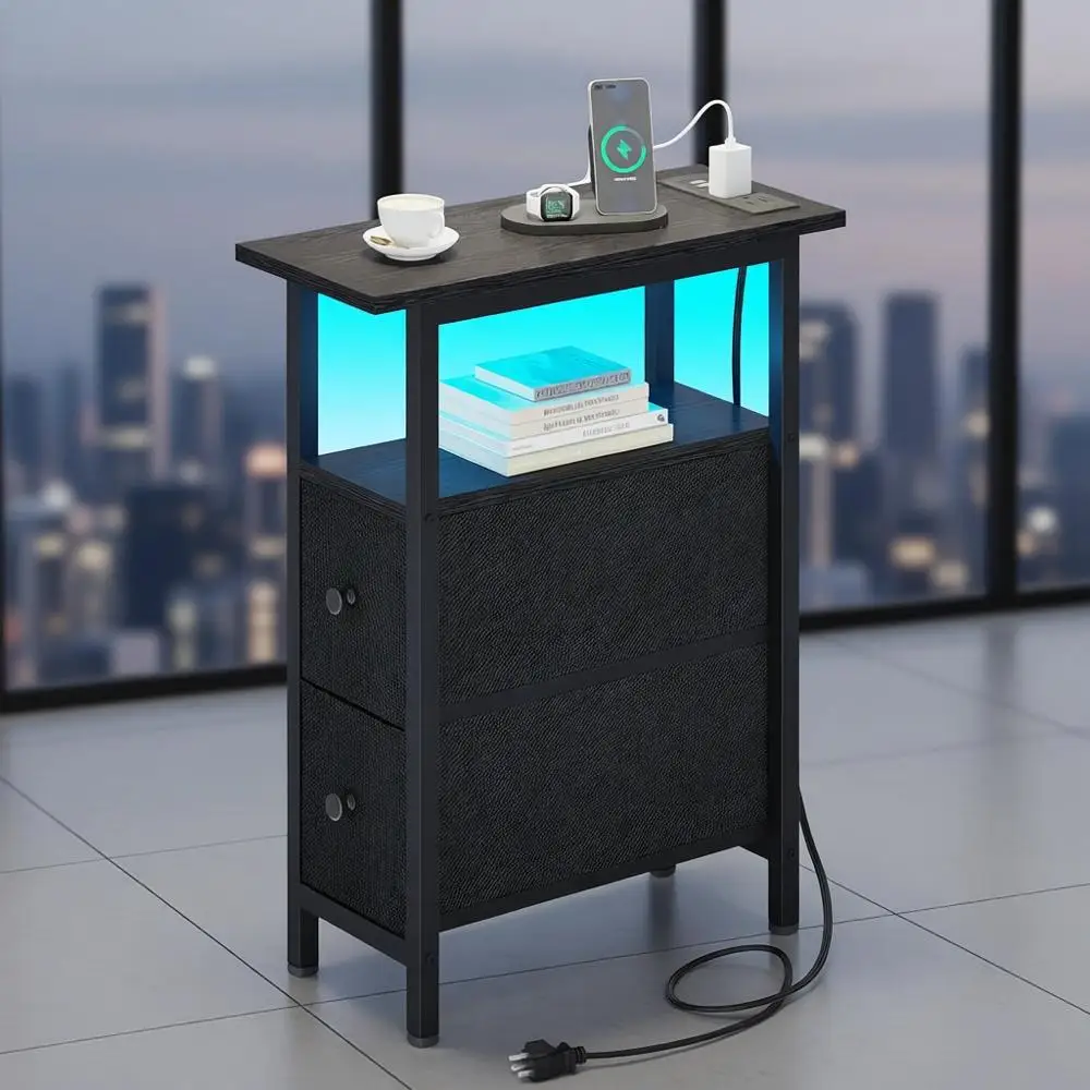 

Black Slim End Table with Charging Station, LED Nightstand for Bedrooms and Living Rooms, Ideal for Small Spaces