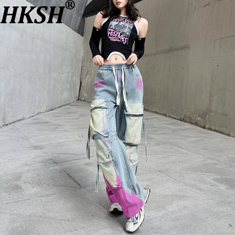 

Женский комплект HKSH Y2K: футболка с круглым вырезом и открытыми плечами, длинными рукавами и принтом, джинсы в стиле ретро с граффити и множеством карманов, повседневные джинсовые брюки HK21446
