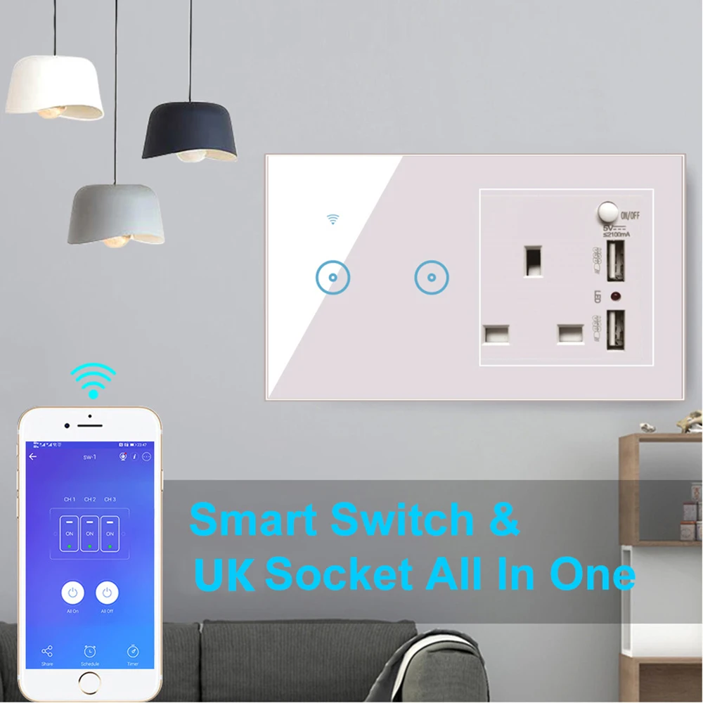 Smart Wall Socket Switch UK Plug with USB Charger 220V WiFi Wireless Control Compatible with Alexa Google Home IFTTT