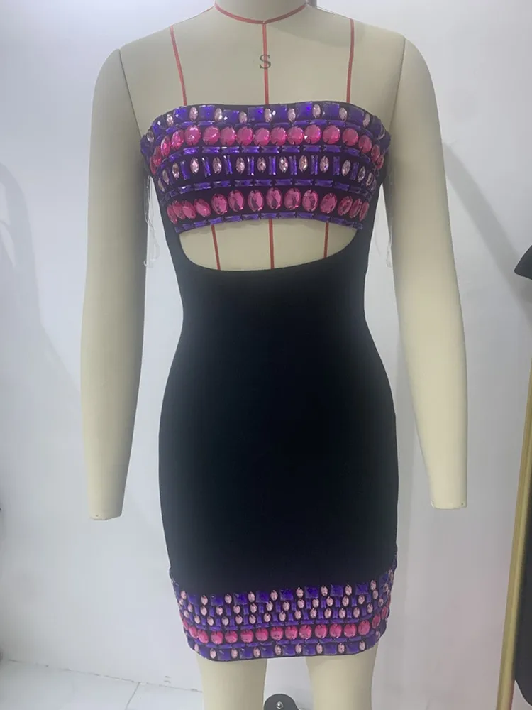 Vrouwen Celebrity Luxe Sexy Strapless Backless Parel Uitgesneden Zwarte Bodycon Bandage Jurk 2024 Elegante Avond Club Party Outfit