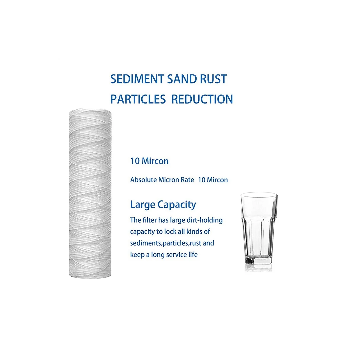 High-end 10 Micron 10 Inch x 2.5 Inch String Wound Sediment Water Filter Cartridge Whole House Sediment Filtration, Universal Re