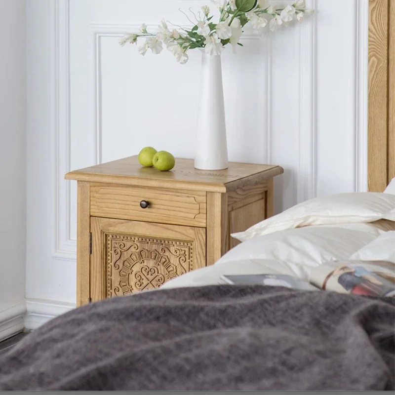 Stolik nocny z litego drewna, rzeźbiony, z pojedynczą drzwiczką i szufladą, szafka boczna artystyczna, samodzielna szafka do przechowywania, HIT