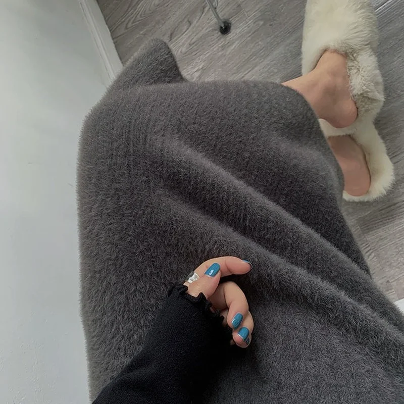 

Thicker Women Skirts Retro Solid Soft Korean Style All-match Autumn Winter Empire Warm Faldas Feminino Vintage A-line Back-slit