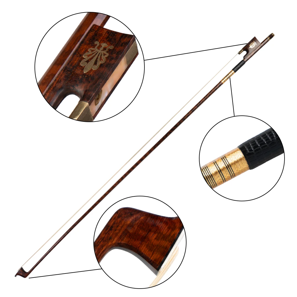 NAOMI Professional Snakewood Bow  4/4  Violin/ Fiddle Bow W/ Peacock Pattern Snakewood Frog Gold Mounted Natural Bow Hair